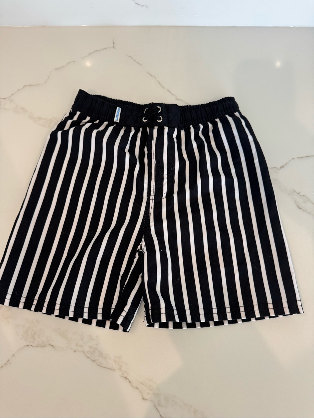 Kids Black & White Striped Swim Trunks